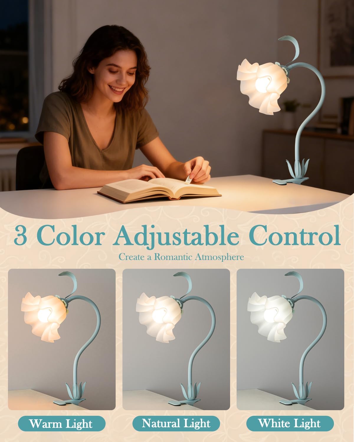 Flower Lamp Clip on Light, 3 Color Modes Eye-Caring Desk Lamp with Clamp, Dorm Room Essentials, Flexible Neck Reading Clamp Lamps for College Bedside Bookshelf Studying Room (Powder Blue)
