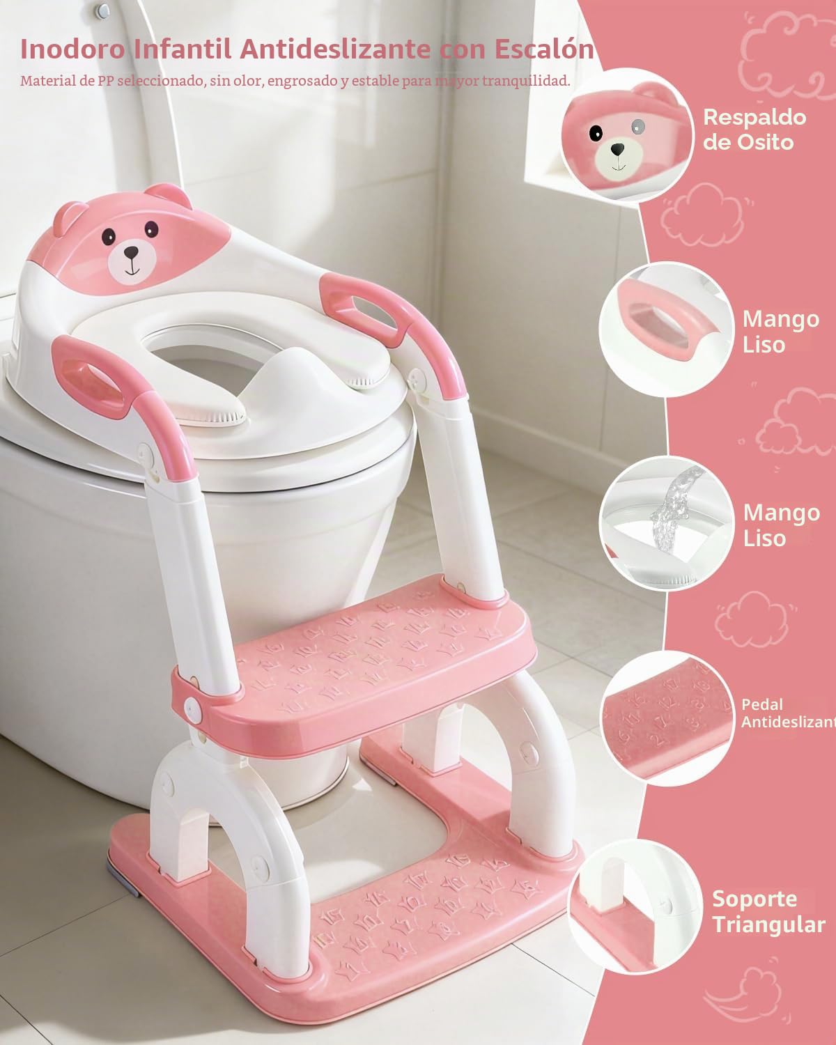 Asiento de inodoro para niños con escalera, 2 en 1, ajustable en altura, plegable, con asiento acolchado, antisalpicaduras y antideslizante, accesorio de inodoro para niños a partir de 1-6 años