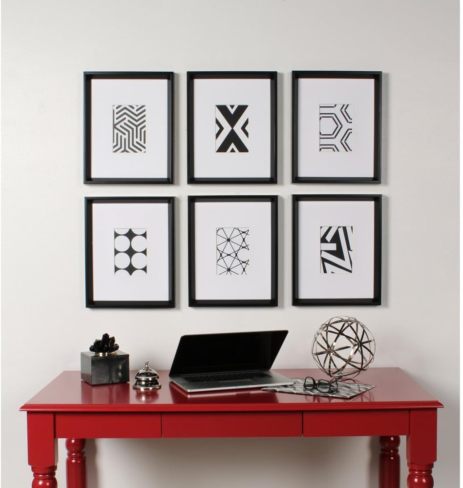 Kate and Laurel Calter 6 Framed Modern Black and White Geometric Abstract Art Prints, Black