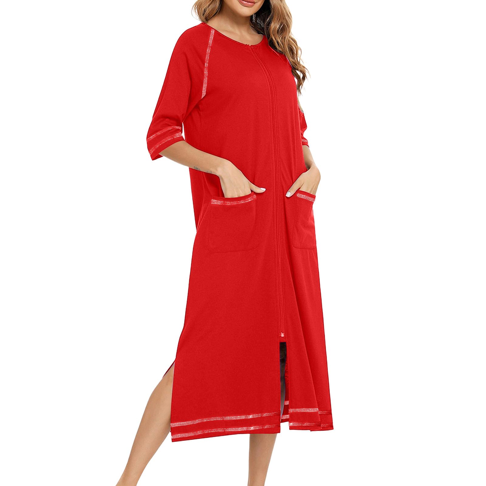 Long Bathrobes for Women Pockets Soft Robes Casual Sleepwear Front Full Zipper Nightgown 3 4 Sleeve Loungewear