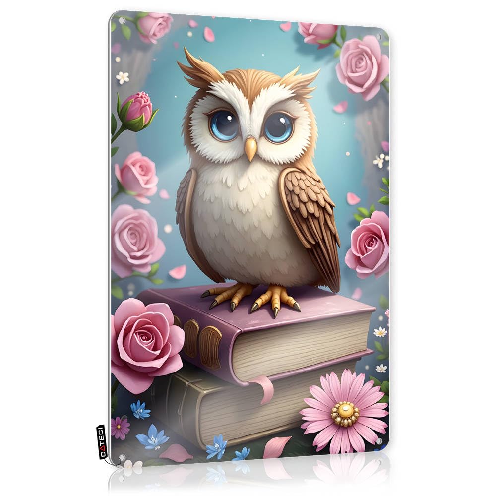 Fzfn Colour Plaque Cats Ready To Hang - Charming Owl Perched On Books Amidst Floral Delight Ideas For Bedroom(20X30cm)