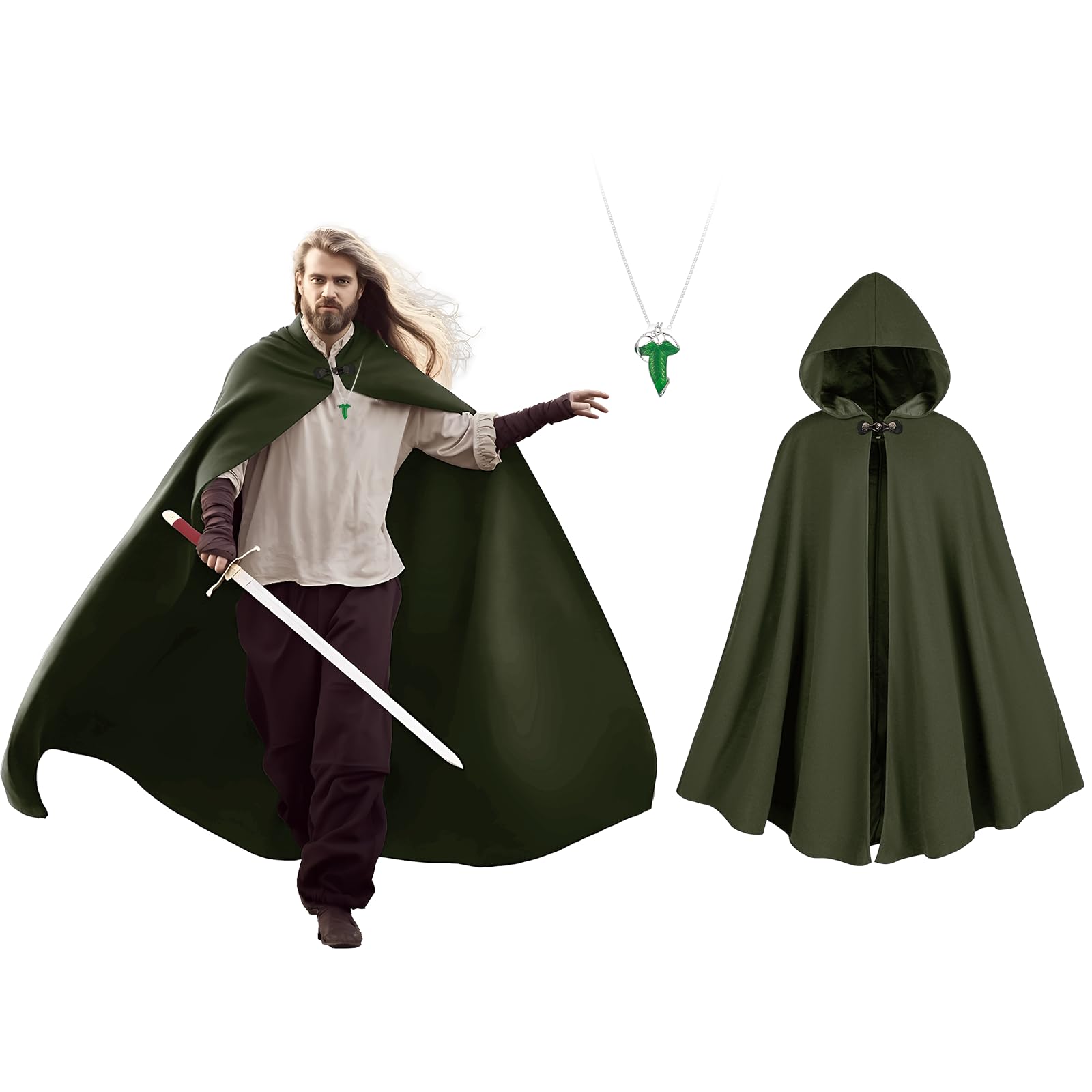 Medieval Cloak Men Renaissance Costume Cloak with hood and Green Leaf Brooch Necklace for Halloween Cosplay Party