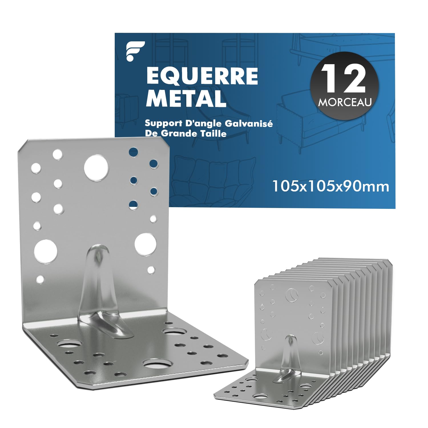 Shinfly Lot de 12 Équerres de Fixation et d’Assemblage Renforcées 105 × 105 × 95 mm, Épaisseur 2,0 mm, Supports d’Angle à 90° en Acier Galvanisé pour Bois, Cadres, Étagères et Supports