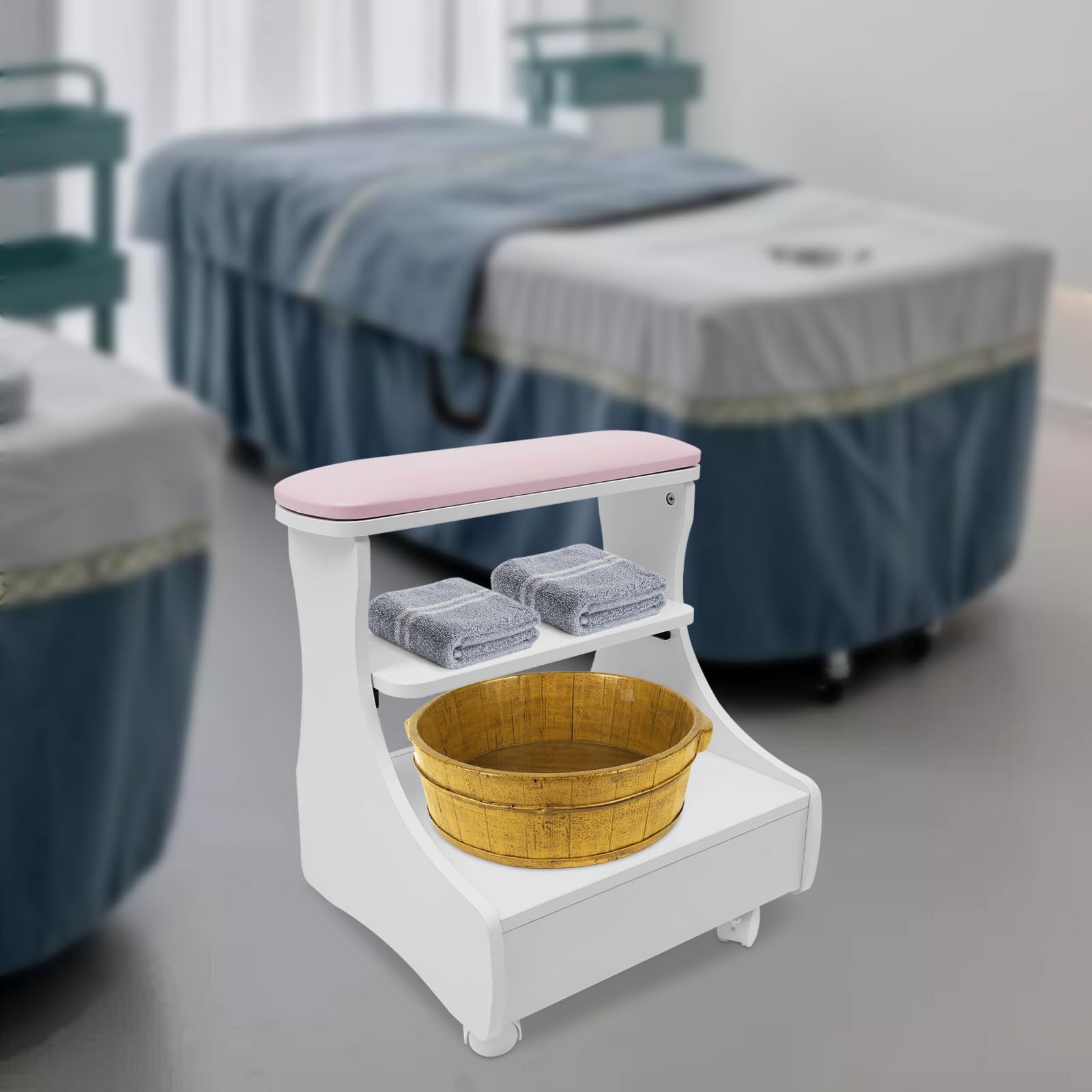 Krzesło do kąpieli stóp z kółkami, do manicure, pedicure i masażu stóp, krzesło do salonu i domu, 4 kółka z hamulcem, nośność 20 kg, do kąpieli stóp i relaksującej pielęgnacji stóp (różowe)