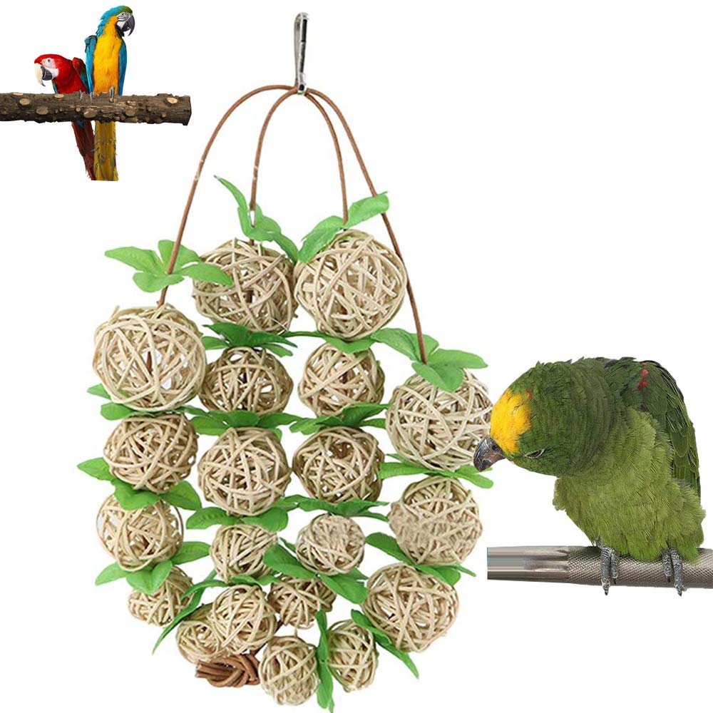 YANGWX 20pcs Bird Chew Toy Parrot Rattan Ball Toy, Hanging Chewing Perches Parrot Toy, Bird Cage Toys for Budgies, Small Parakeets, Love Birds, Cockatiel, Finches(with Green leaf)