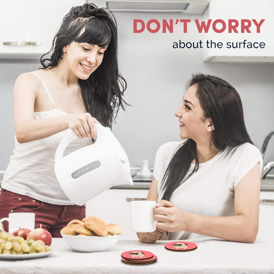 Destination Vinyl Set Di 2 Sottobicchieri Rotondi Con Foglie Di Palma Rosa – Diametro 9 Cm, Retro In Sughero, Protezione Tavolo, Regalo Tropicale - 4