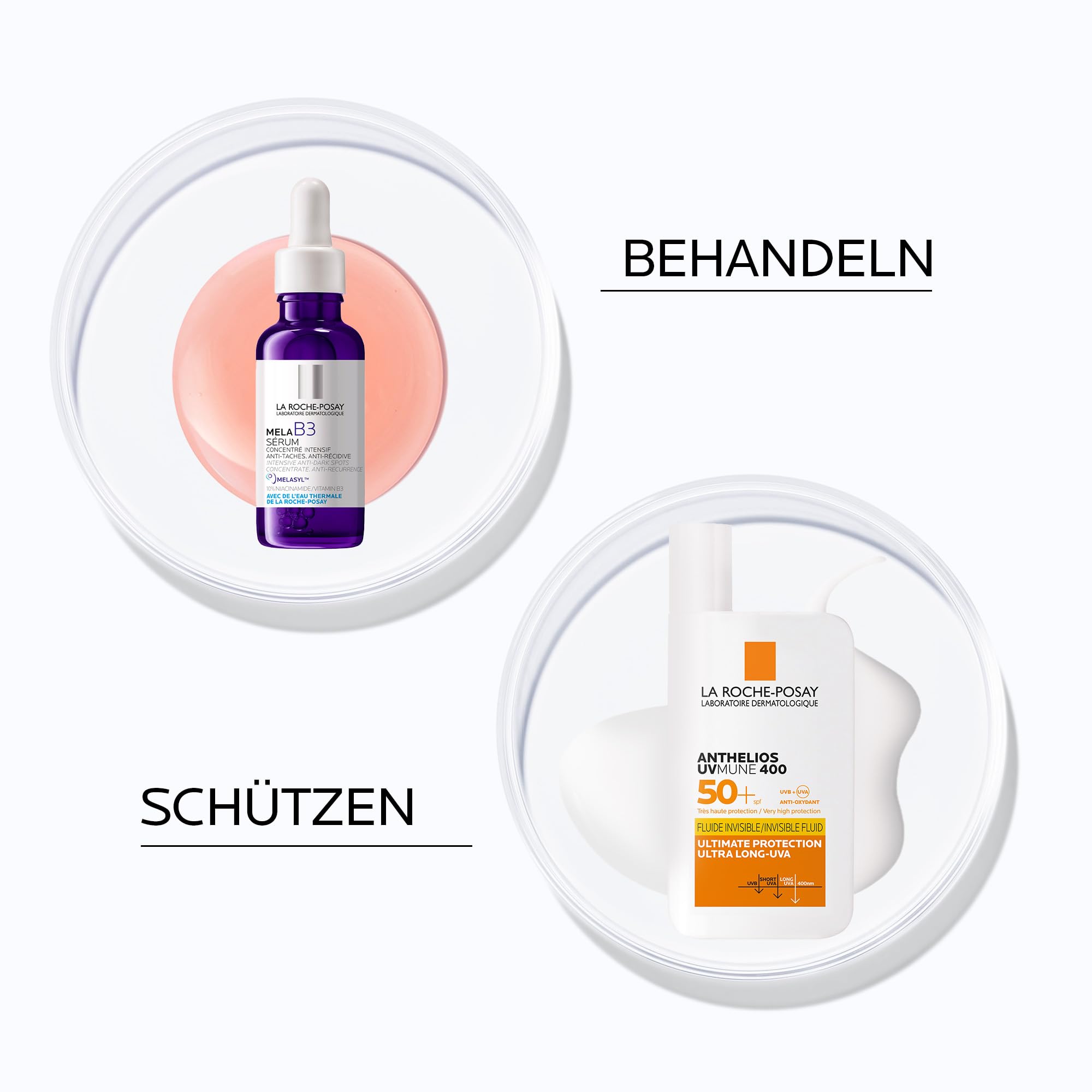 La Roche-Posay Set mit Mela B3 Serum und Anthelios UVMune 400 Invisible Fluid, Bei Hyperpigmentierung, Mildert Pigmentflecken & unebenmäßige Haut, Mit Melasyl, Mexoryl & LSF50, 30 ml + 50 ml