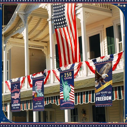 Image of Panelee 4 Pcs 250th Anniversary Banner Decoration Patriotic American Flag Porch Banner 250th Anniversary Hanging Backdrop for Independence Day 4th of July Wall Indoor Outdoor Decor