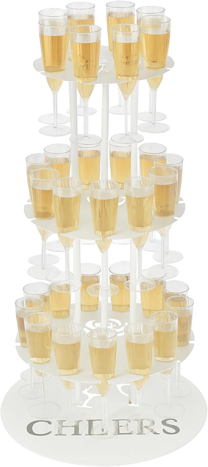 Metal Champagne Flute Holder Stand for Party – 3-Tier Champagne Tower Display Holds 32 Glasses, Champagne Stand Holder for Wedding, Event, Celebration (White)