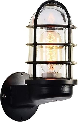 CYQASD Creative Wrought Iron Glass Wall Lamp Retro Metal Cage Industrial Style Nautical for Bar Bedroom (Black)