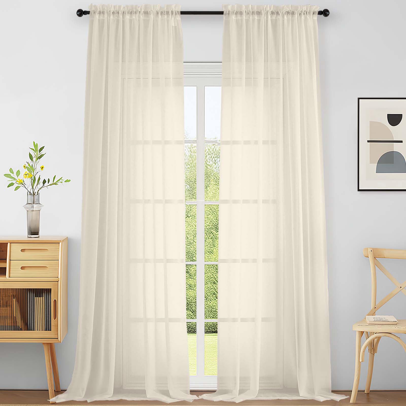 Ebesto Extra Wide Sheer Cream Curtains 144 Inches Long 2 Panels, Extra Long Light Filtering Soft Airy Transparent Patio Curtains for Sliding Glass Door, Top Dual Rod Pocket, 12FT, 2x59Wx144L Inches — image 1