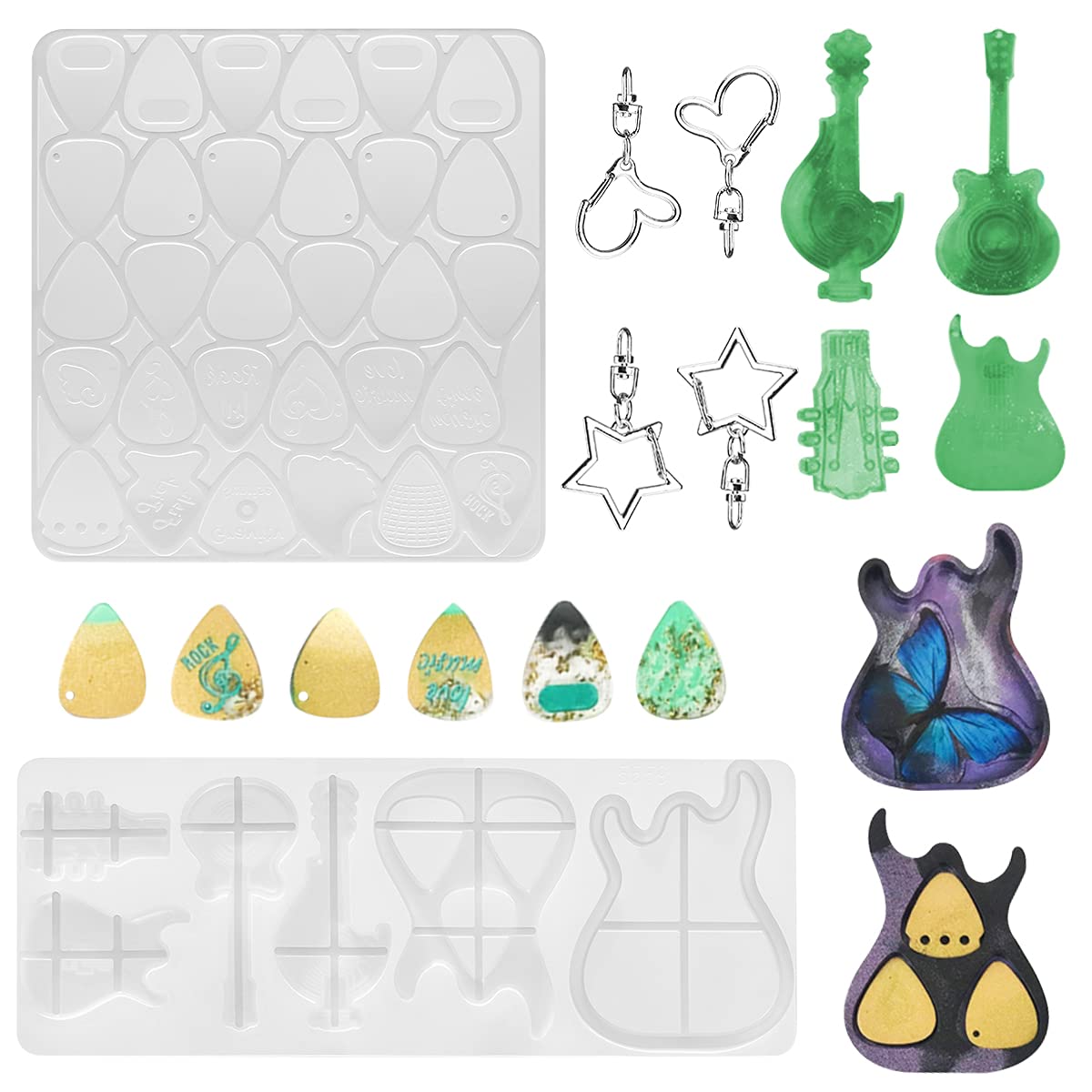 Nearockle Guitar Pick Resin Molds, Guitar Triangle Plectrum Resin Molds Silicone, Guitar Pick Box Resin Silicone Molds with 4Pcs Keychain for DIY Musical Accessories, Keychain Pendant, Necklace