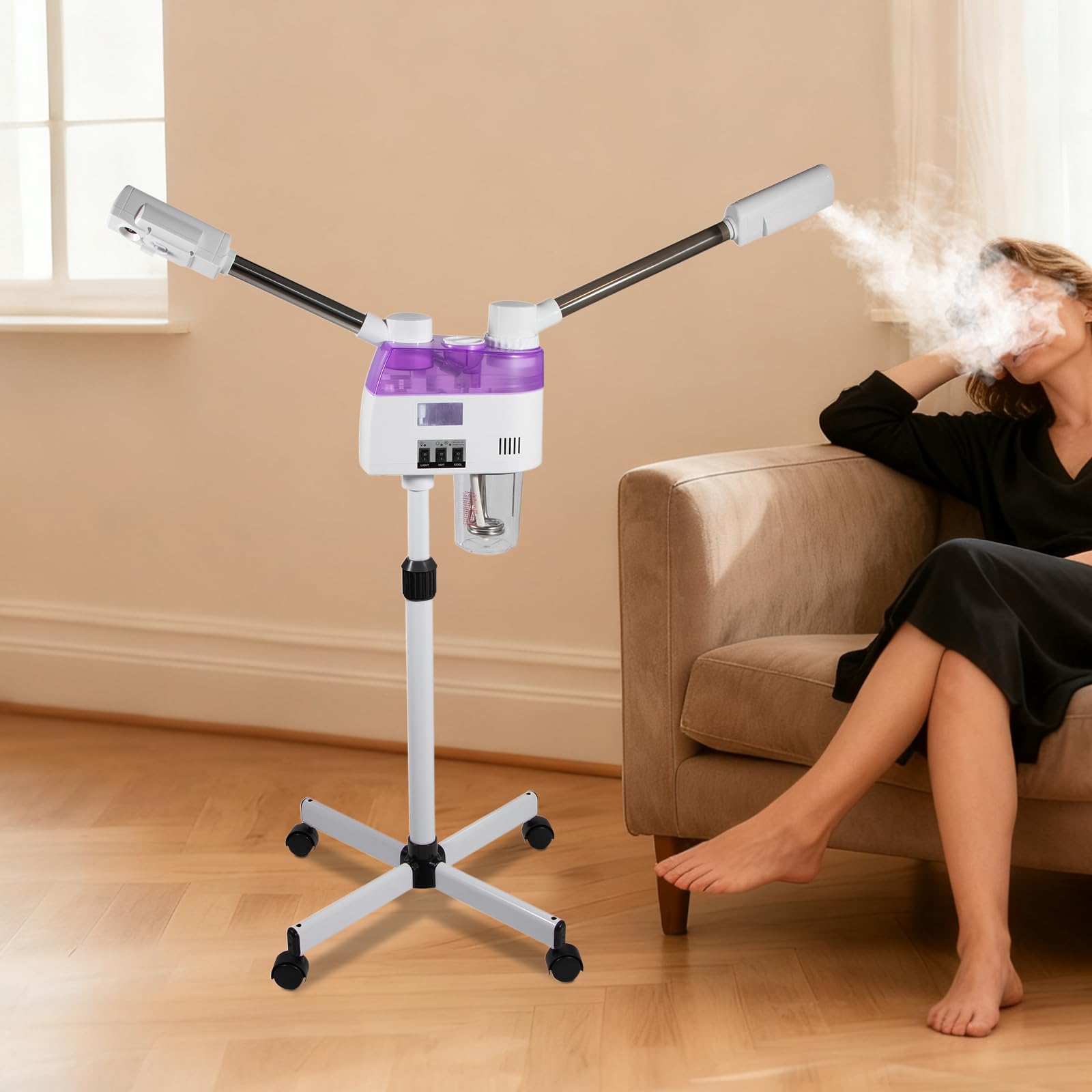 Vaporizador facial de 800 W, para sauna facial, 680 ml, capacidad del depósito de agua, cosmética con boquilla giratoria de 360°, doble tubo de altura ajustable, para centros de cuidado de la piel