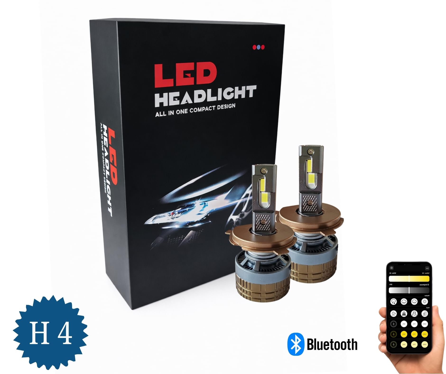 2 Lampadine H4 LED Smart CSP 70W 12V-24V Bicolore 3500K-6500K Giallo Bianco Bluetooth Canbus Senza Errori Chips Ventilate Fascio Preciso Regolabile 360° Abbaglianti/Anabbaglianti