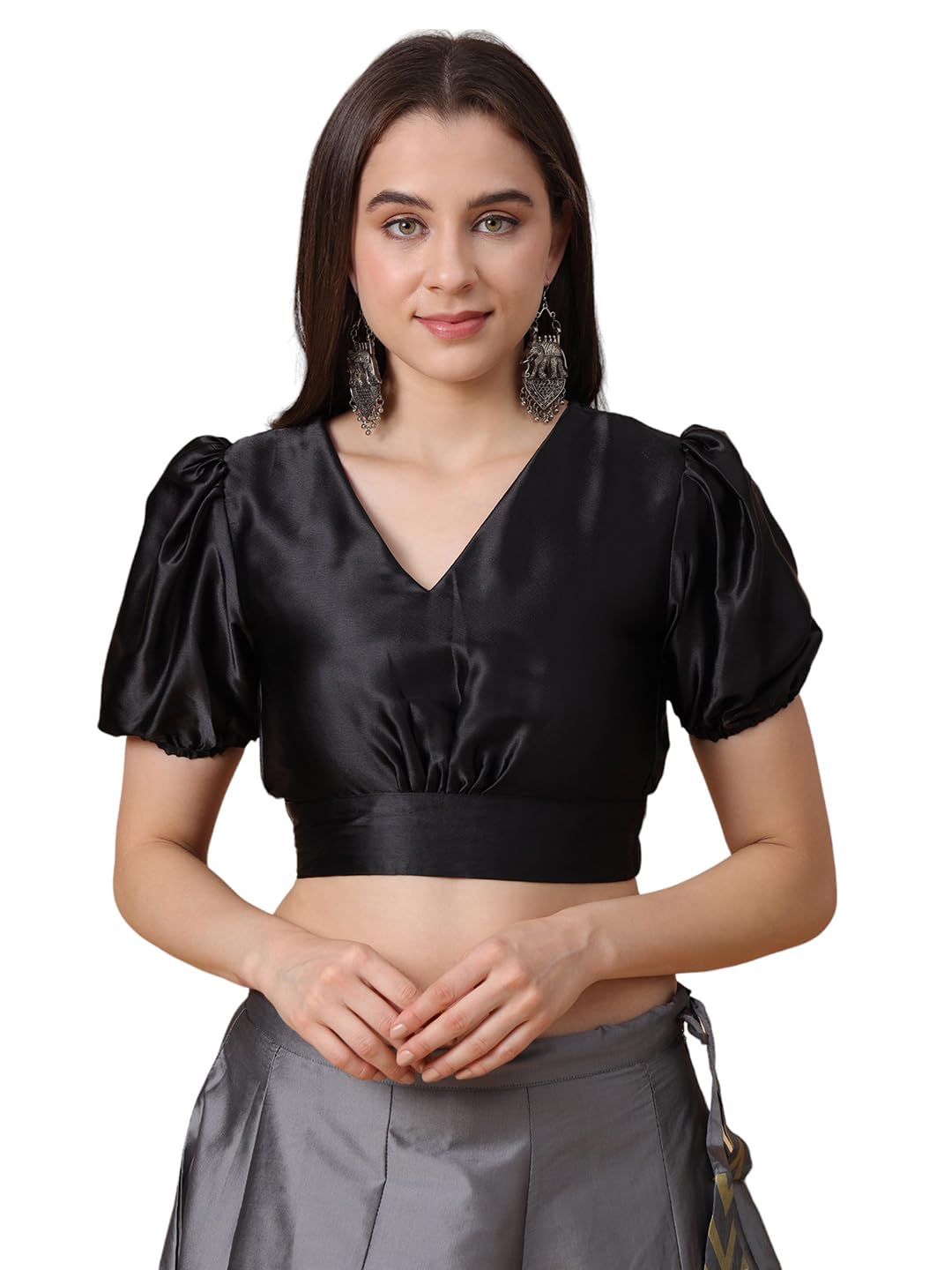 FR Frolic Rolic Women's Girls Satin Puff Sleeve Solid V-Neck Crop