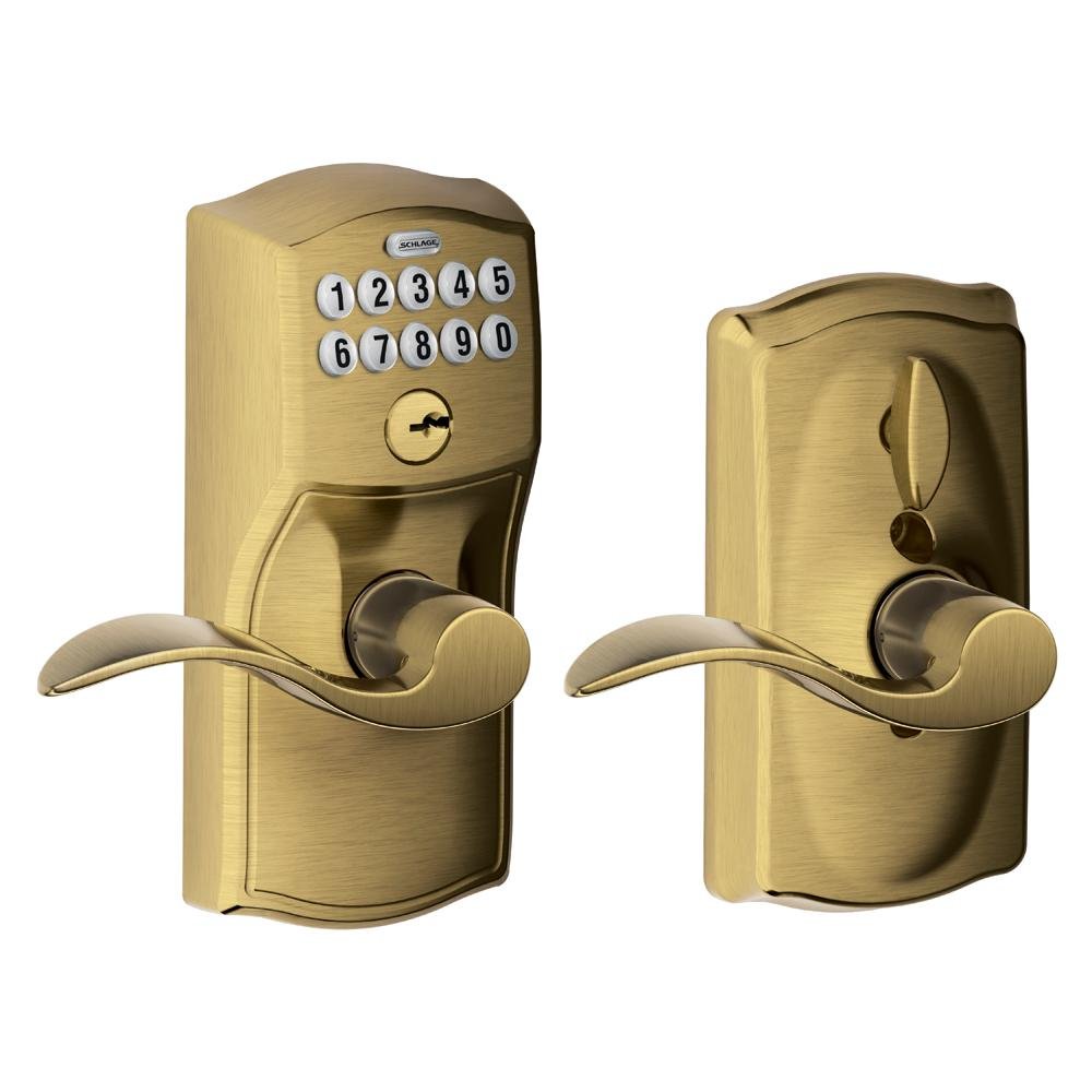 Photo 1 of Schlage FE595 CAM 609 ACC Camelot Design Keypad Entry with Accent Levers, Antique Brass