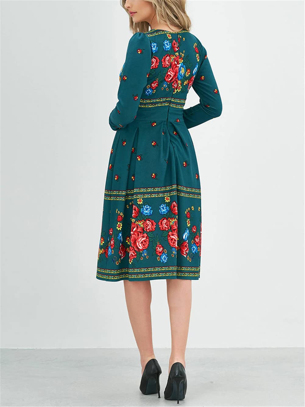 Youllyuu Vestidos de trabajo ajustados con cuello redondo y manga larga con estampado floral para mujer, vestidos casuales midi