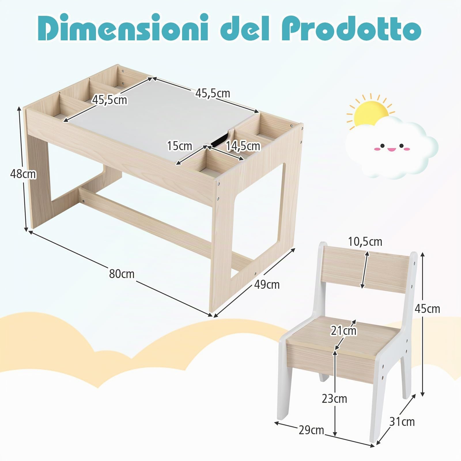 COSTWAY Set Tavolo Multifunzionale per Bambini e 2 Sedie, Tavolo e Sedie in Legno con Piano Doppio Rimovibile, Lavagna Nera & Lavagna Bianca, Compartimenti Laterali con Divisori Staccabili (Naturale)