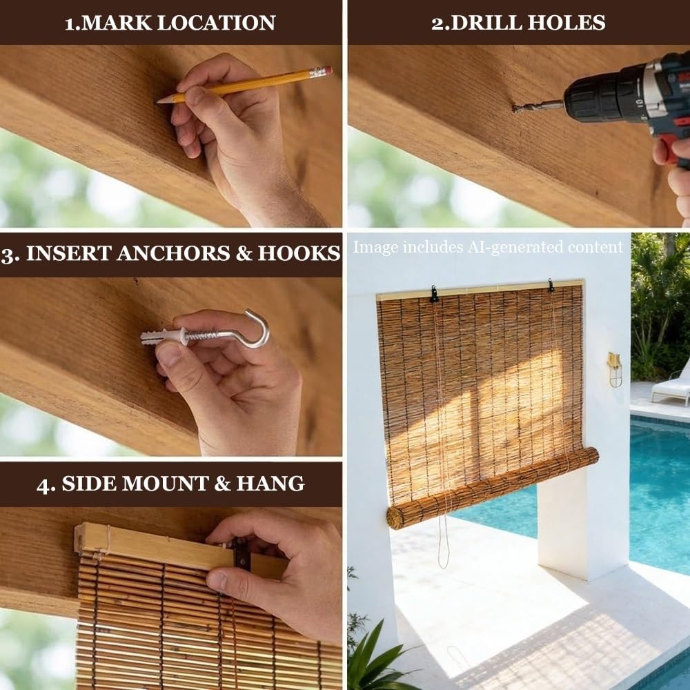 Anti-UV Rideaux en Roseau, Naturel Store Enrouleur Roseau, Store Bambou Intérieur Exterieur, Imperméables Rideau De Paille, pour Jardin Patio(W31xH63IN (80x160CM))