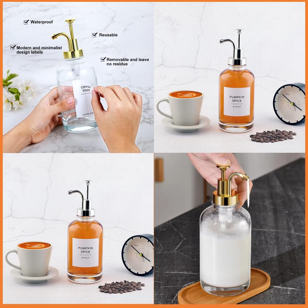Fulenyi Distributore di Pompa per sciroppo - Dispenser di caffè Trasparente da 500 ml con Pompa,2 Bottiglie di Pompa sciroppo 2 Pompe Imbuto 9 Etichette Impermeabili per Fai da Te del caffè