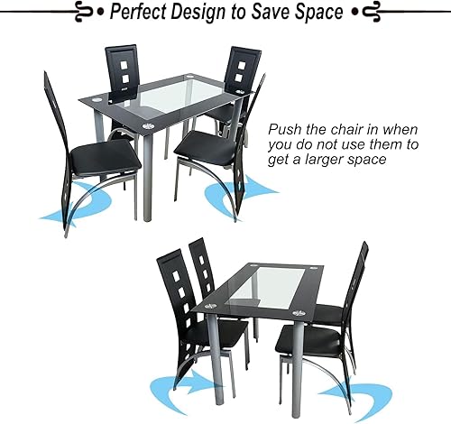 Miniatura 7 de HomVent Juego de mesa de comedor para 4, pequeño comedor de vidrio templado, mesa de cocina y sillas para espacios pequeños, transparente, blanco,