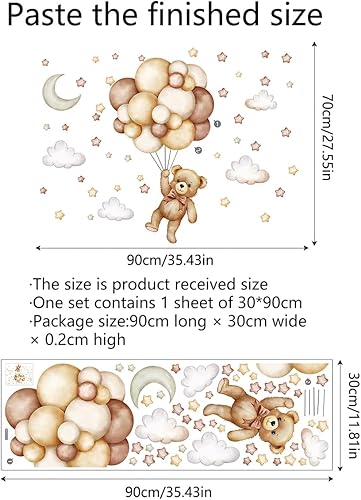 Miniatura 8 de Calcomanías de pared de animales de dibujos animados de oso, calcomanías de pared de animales globo de aire, estrellas, luna, nube, calcomanías de