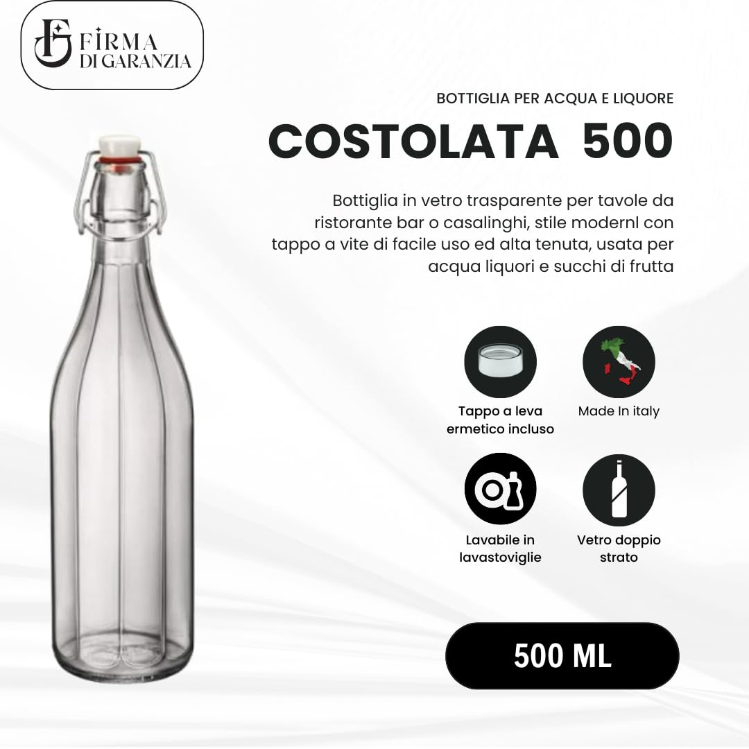 Set da 12 Bottiglia Costolata in Vetro con Tappo Ermetico da 0,5 L - Bottiglia in vetro trasparente per acqua vino e liquore con tappo meccanico e guarnizione alimentare