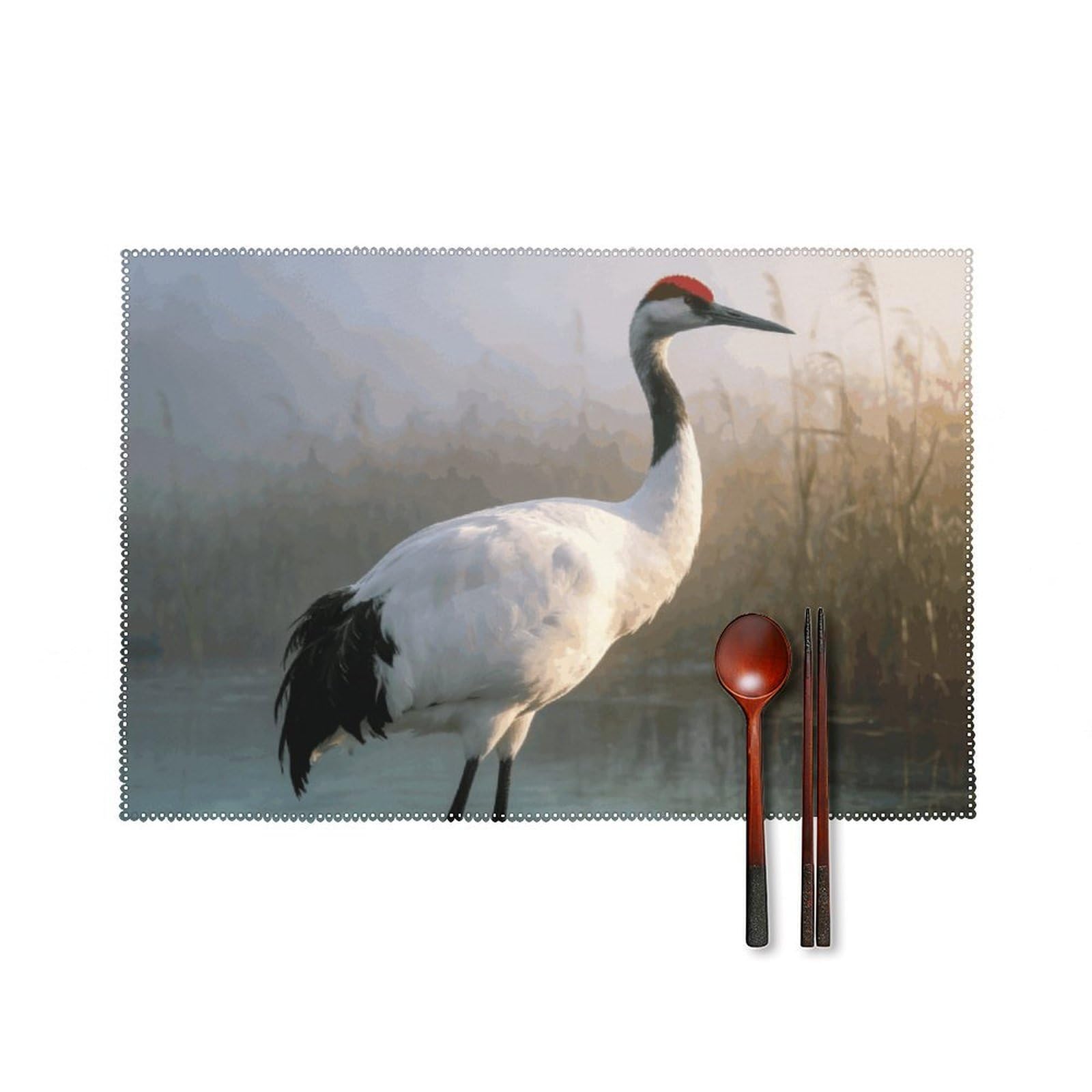 Majestic Crane Placemats Set of 6, 12x18 Inch Heat Resistant Washable Canvas Table Mats, Stain Resistant Decorative Dining Placemats for Kitchen, Restaurant, Outdoor Party