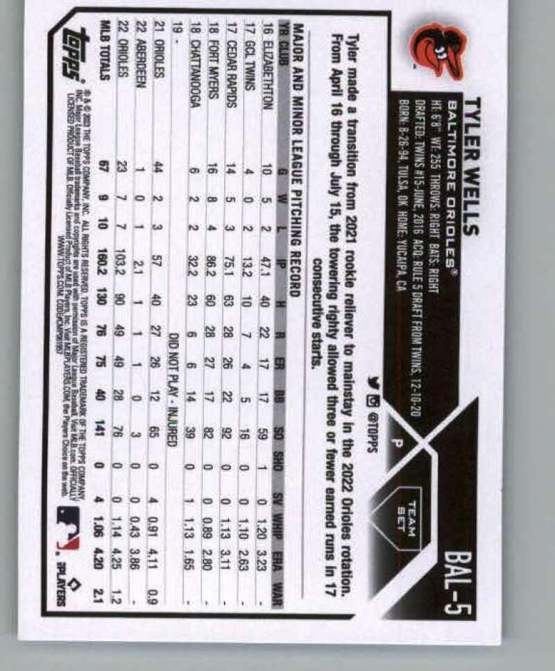 Miniatura 2 de 2023 Topps (From Team Set) Baltimore Orioles #BAL-5 Tyler Wells Baltimore Orioles MLB Baseball Trading Card