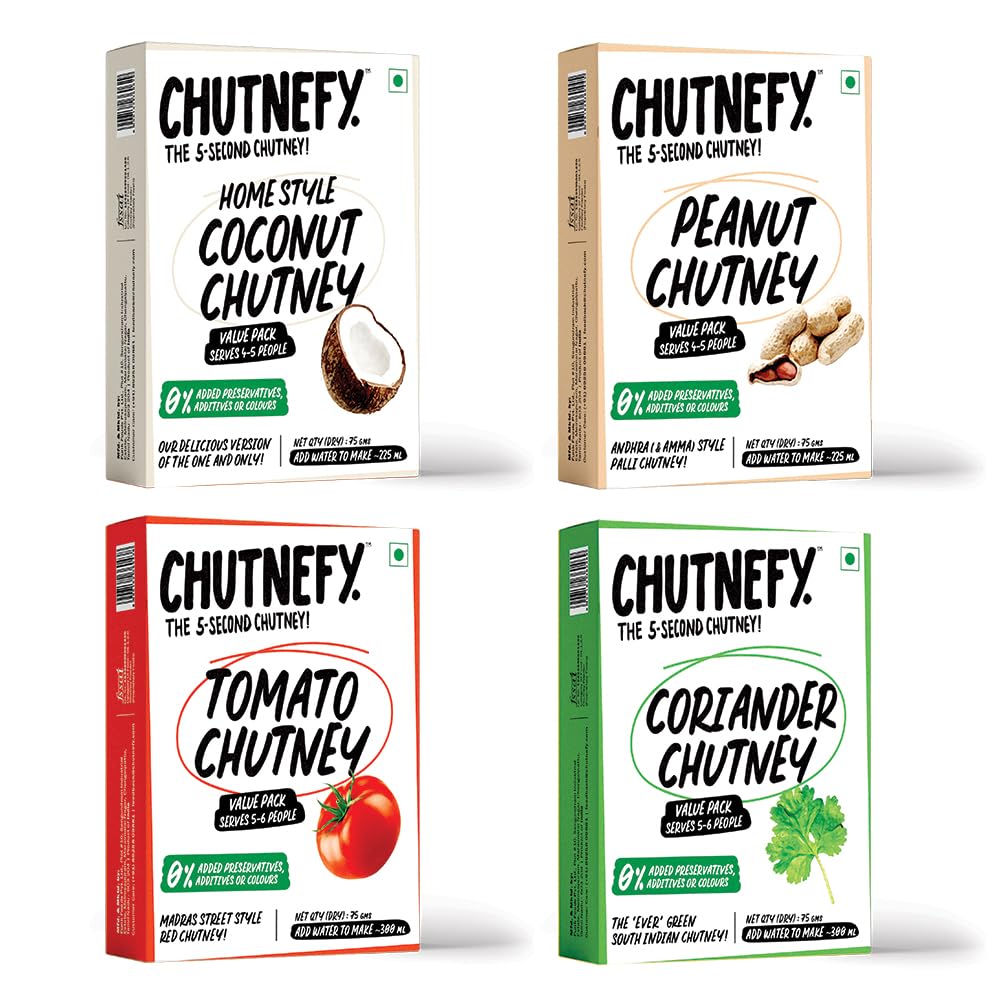 Chutnefy - 5-Second South Indian Breakfast Combo Chutney - Pack of 4 Each Pack Serves (5-6) | Coconut, Peanut, Tomato & Coriander| Home Style Delicious & Ready-to-Eat Chutneys