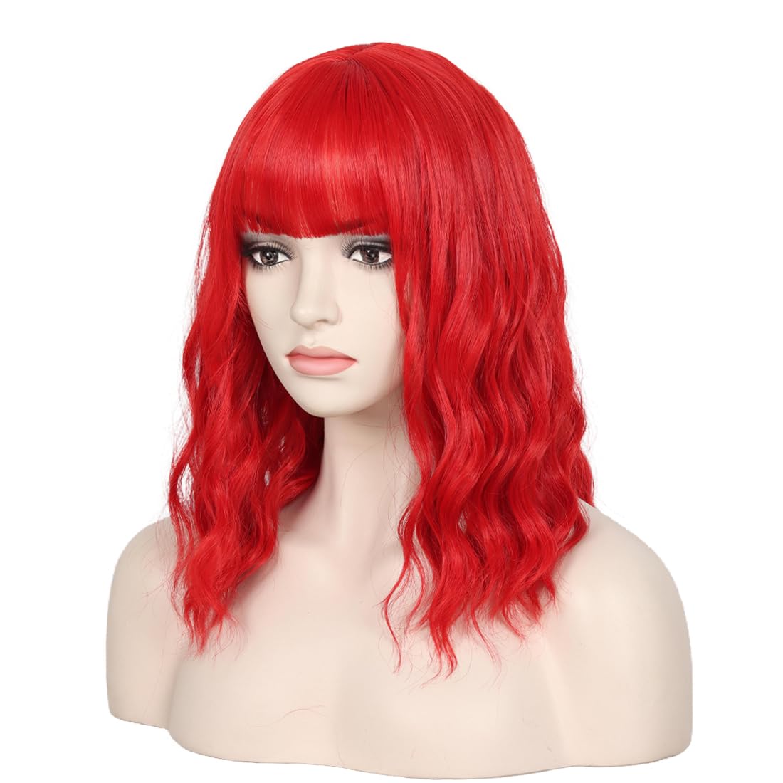 WildCos Short 14 Inches Pastel Wavy With Air Bangs Bob Cosplay Wig for Girl and Women Colorful Wigs (Red)
