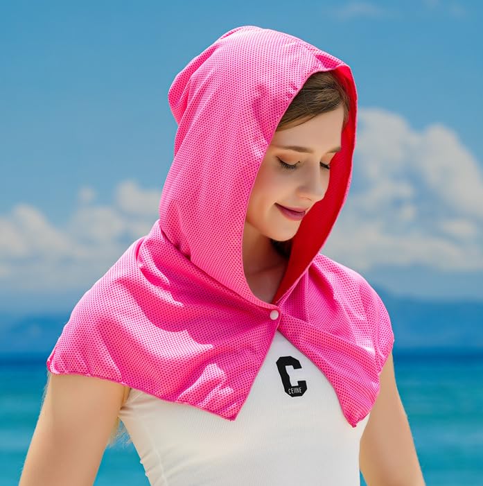 Cooling Hoodie Towel, Instant Cooling Towels for Neck and Face, UV Protection Sun Hat Beach Cape for Men Women Sports Camping Cycling Fitness Gym (Red