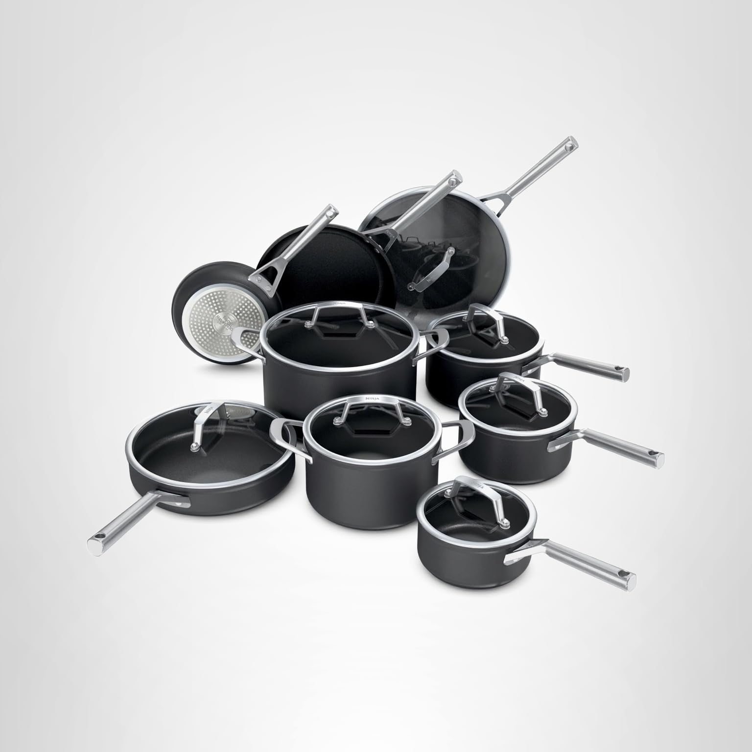 Ninja Cookware, Ninja NeverStick Professional, 16-Piece Pots and Pans Set, Non Stick Frying Pans, Kitchen Essentials, Stock Pot, Sauce Pan, Glass Lids, Saute Pan, All Stovetops, Black, C39900: 16pc set