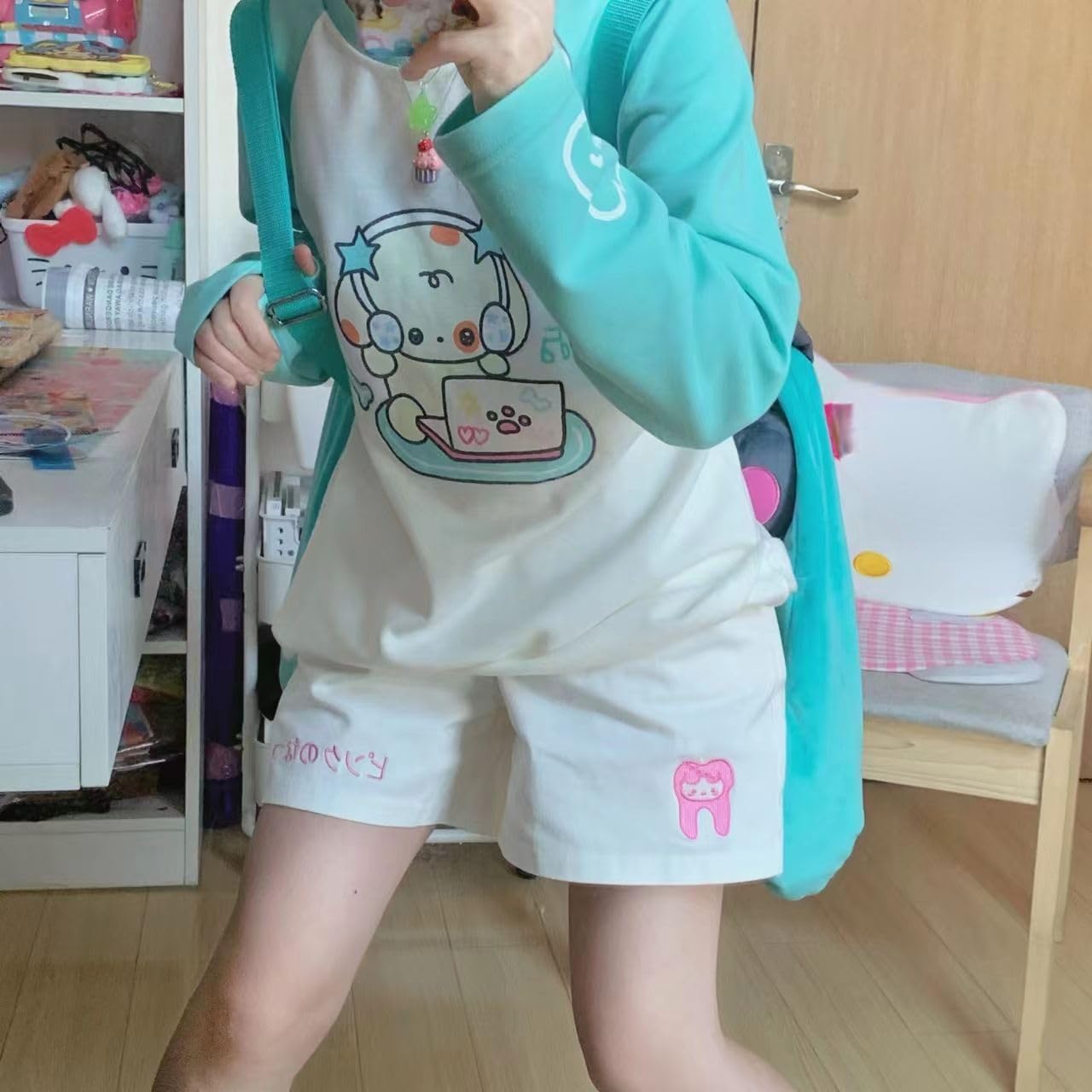 ZITEZHGO Cute Shorts for Teen Girls Kawaii Casual Loose Cotton Shorts Yoga Dance Sleep Short Pants Summer Shorts (White+Pink,M,Women,Female,Adult,US,Alpha,Medium,Regular,Regular)