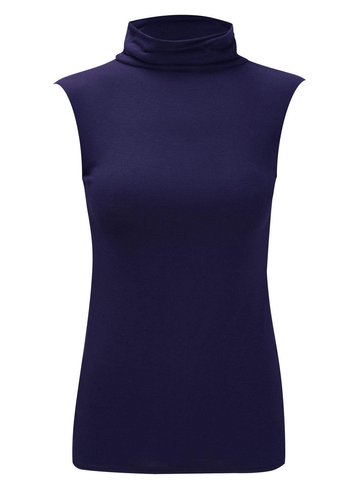 An Direct Women's Navy Sleeveless Stretch Turtle Polo Roll Neckline Vest Plain T-Shirt Jumper Top (, 8-10)