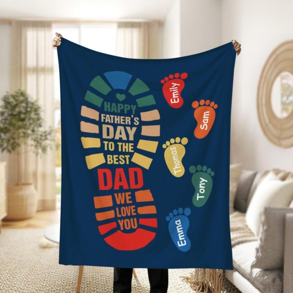 Manta personalizada con nombres de huellas de papá e hijos, manta personalizada para el día del padre, regalo para cumpleaños de papá (180 x 200 cm)