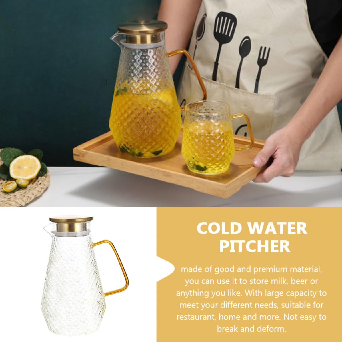 PATKAW Jarra de Agua Fría Tapa Hermética y Vertedor Antigoteo, Ligera y Portátil de Vidrio de Borosilicato 1500ml Adecuada para Té Aromático y Vino en Reuniones o Regalos