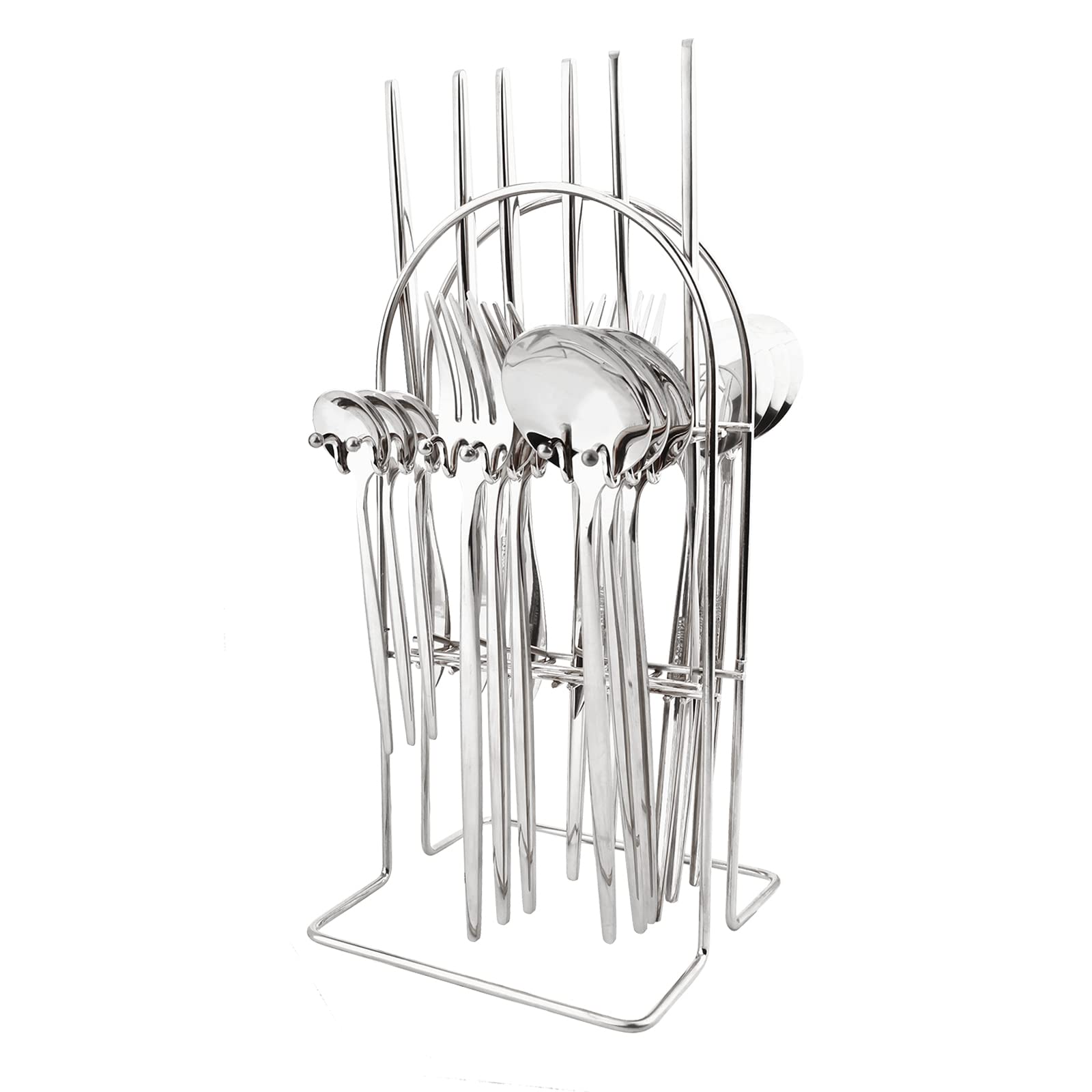24-Piece Mirror Silver Cutlery Set, Snplowum Stainless Steel Flatware Hanging Tableware Silverware Set Include Knife/Fork/Spoon/Teaspoon and Storage Rack For Daily Use, Service For 6