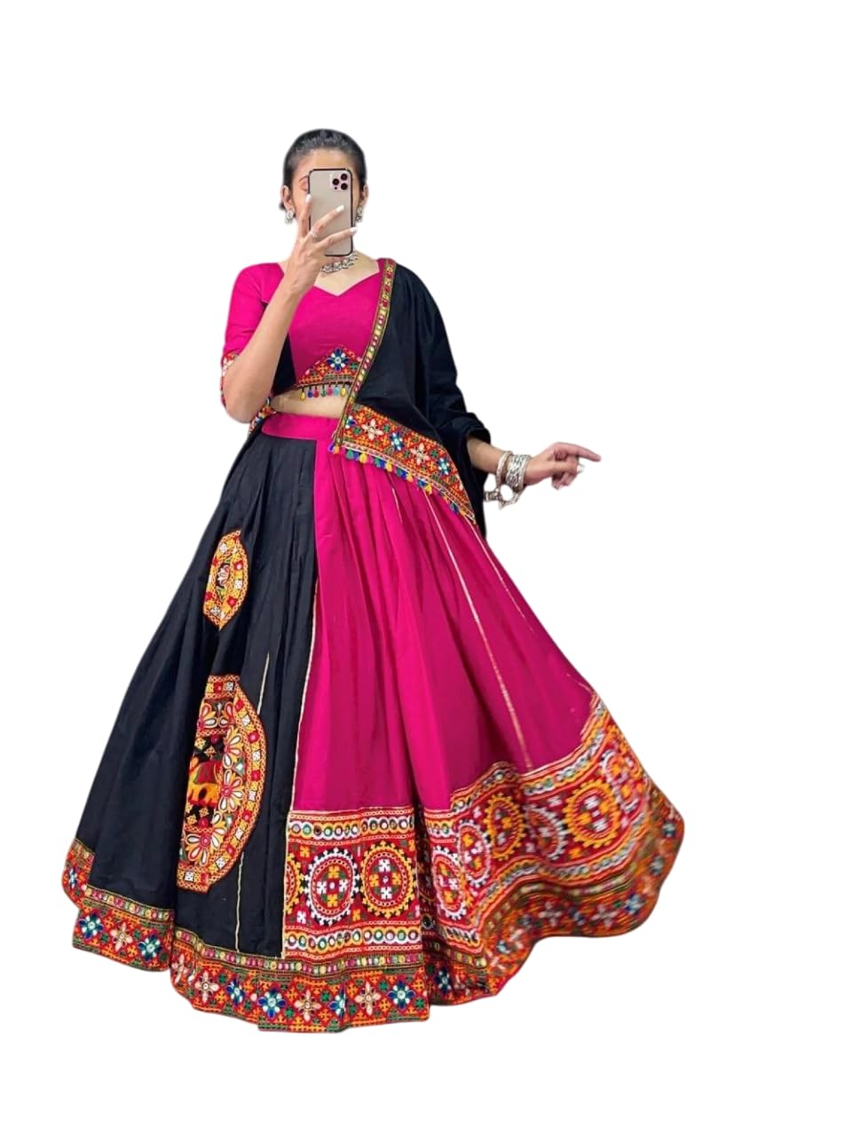 Women's Pink and Black Gamthi Patch Work Cotton Navratri Chaniya Choli-image-12