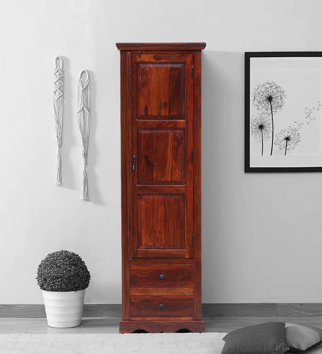 PC WOOD FURNITURE Solid Sheesham Wood Wardrobe Teak Finish | Wooden Finish, 1 Door-picture-11