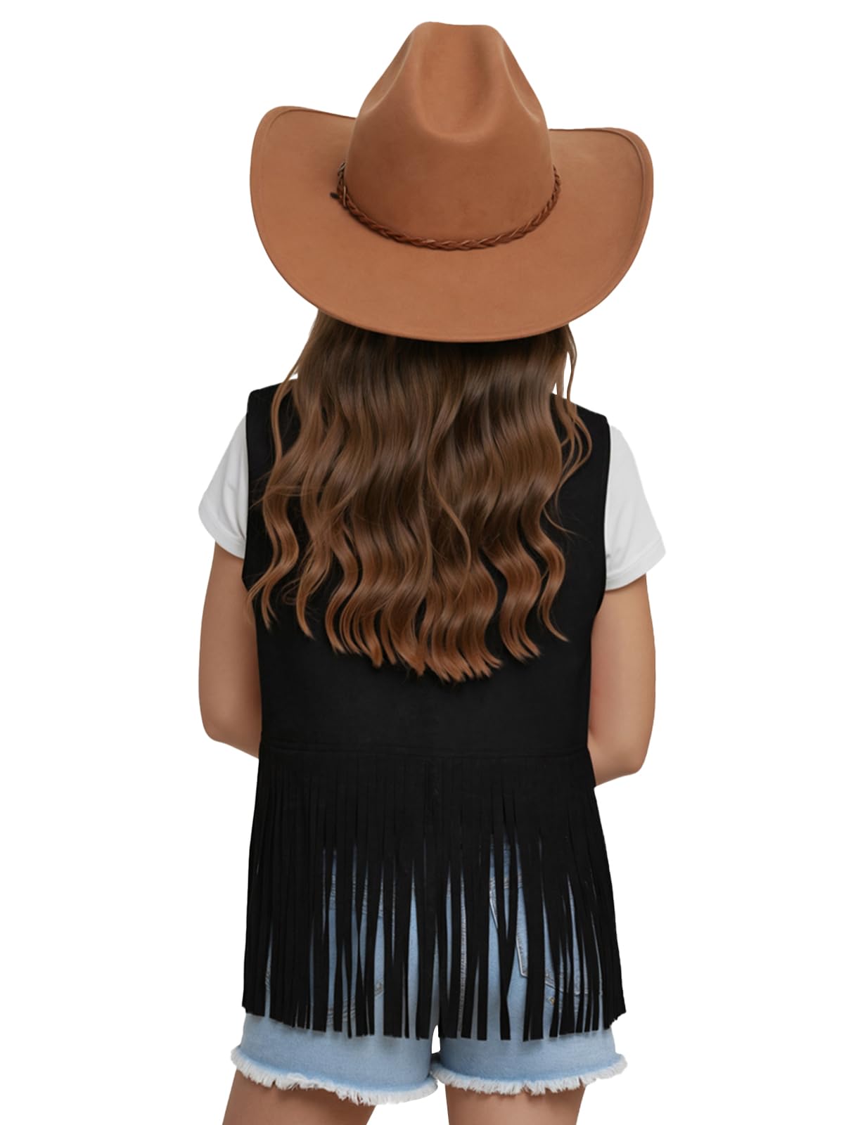 Spring&Gege Gilet à franges en faux cuir sauvage pour fille - Style hippie cowgirl western, sans manches