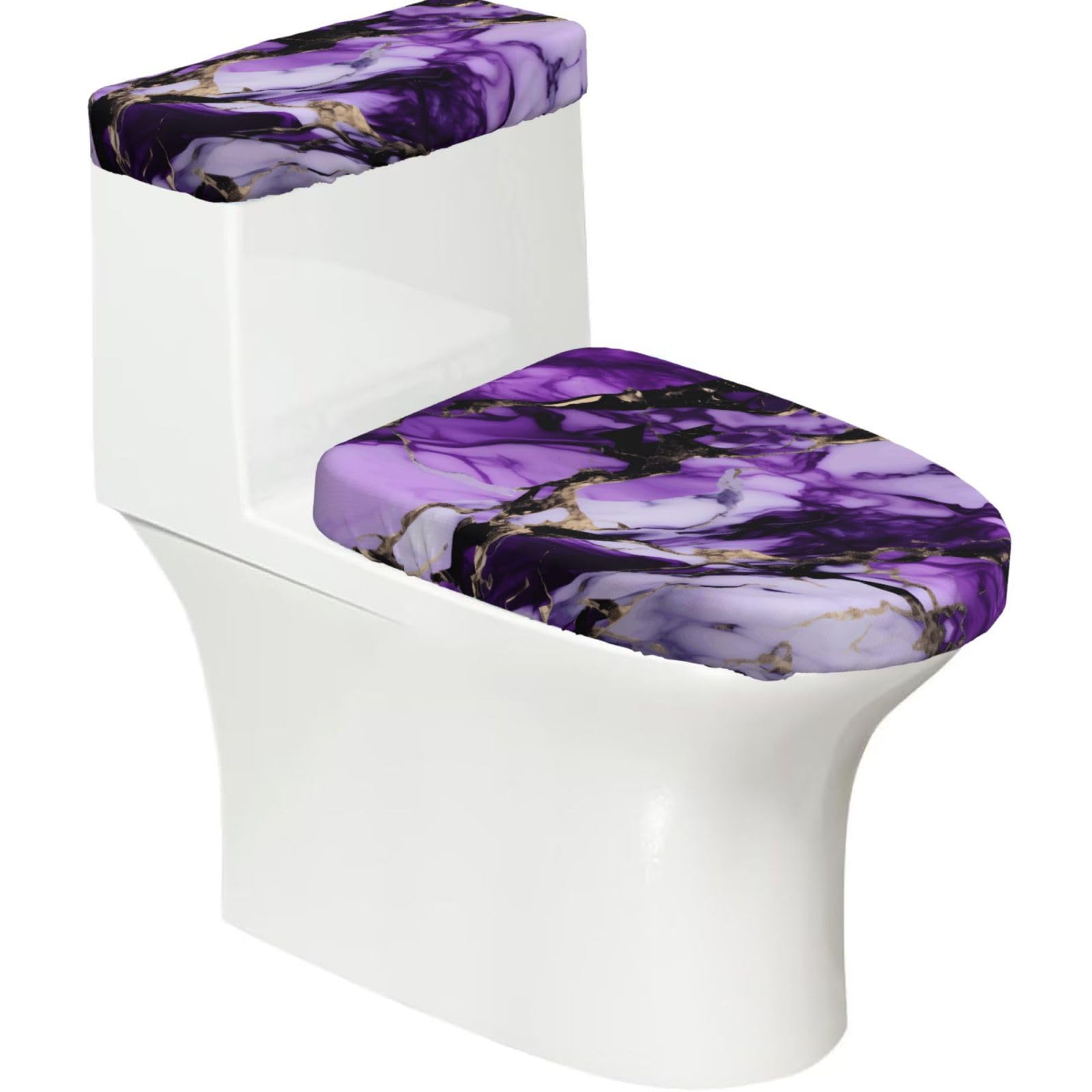 Purple Marble Printed Toilet Tank and Lid Cover Set of 2 for Most Bathrooms, Fits Elongated Round Toilets