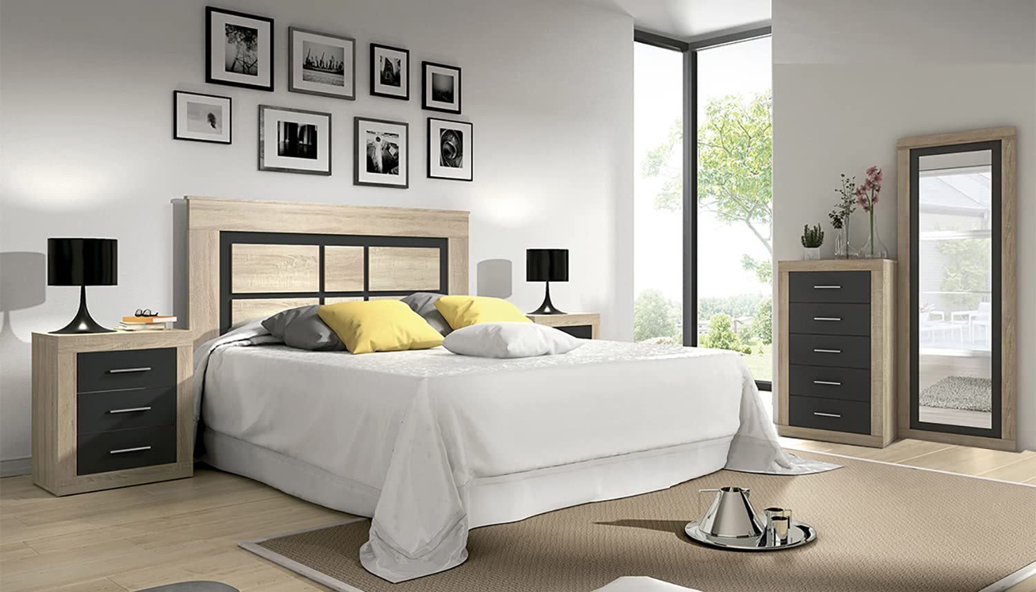PEGANE Ensemble de tête de lit + 2 chevets Coloris chêne Cambrian, Graphite