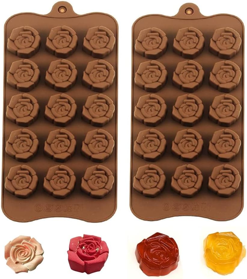 Moldes de silicona con forma de flor de rosa, 2 unidades - 15 cavidades de flores antiadherentes de silicona para cubitos de hielo, bandeja para