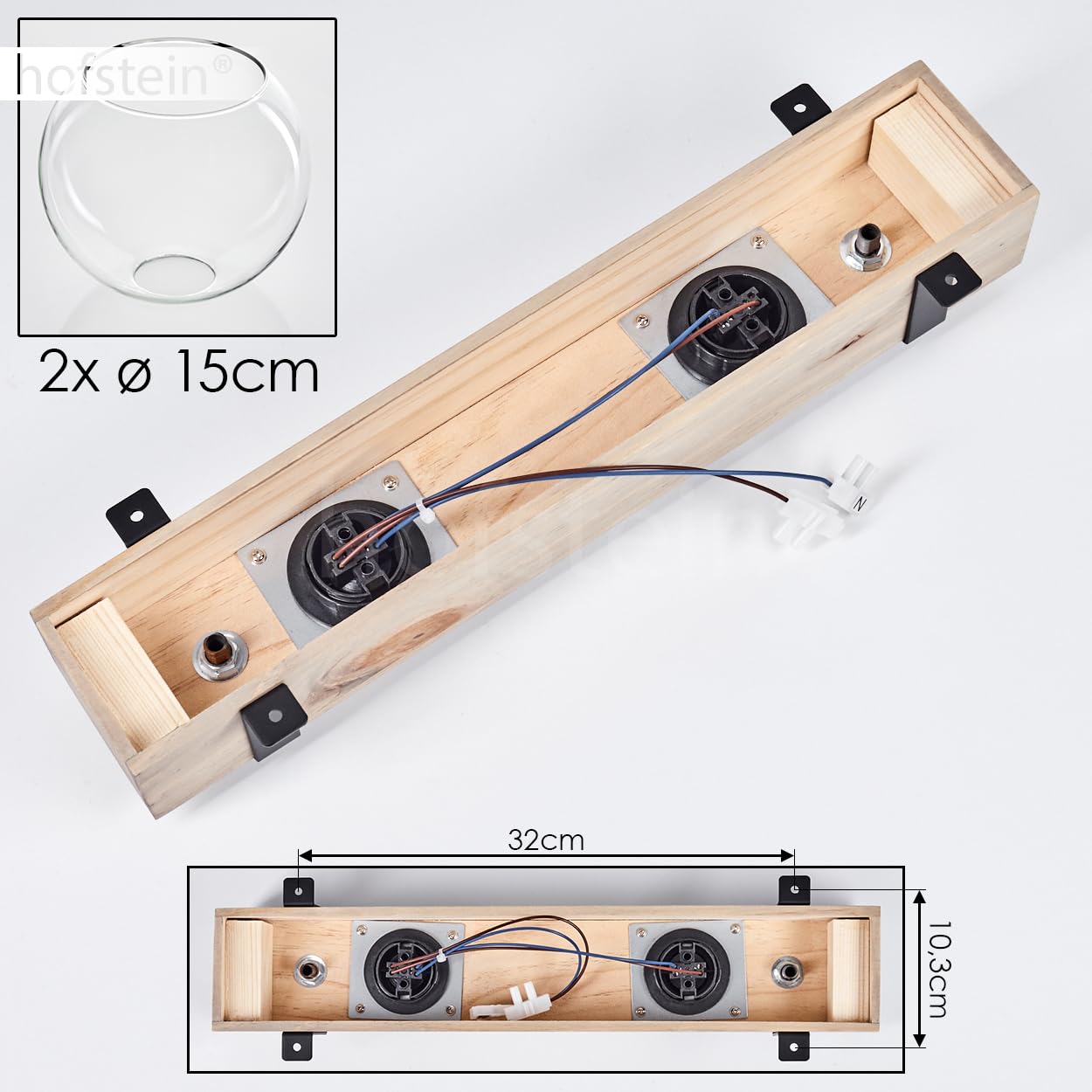 HOFSTEIN Montgomery - Lampada da soffitto in legno/metallo/vetro naturale/nero/trasparente, moderna lampada in stile scandinavo/bohémien con travi in legno, 2 x E27, per camera da letto, soggiorno