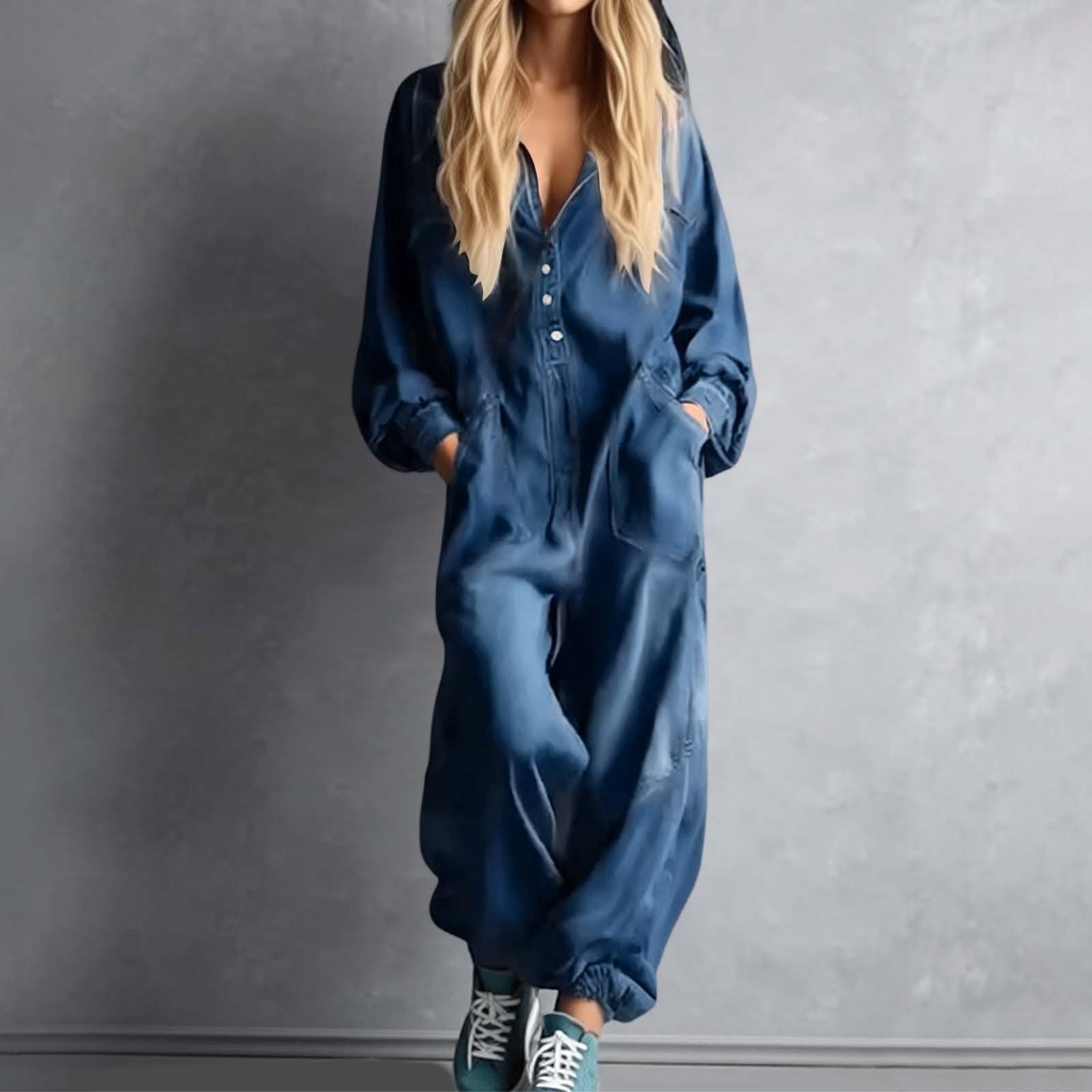 Combinaison en jean pour femme à manches longues - Décontractée - Coupe ample - Jambe large avec boutons et poches - Couleur unie - Pour les vacances, les loisirs, la vie quotidienne DéContracté