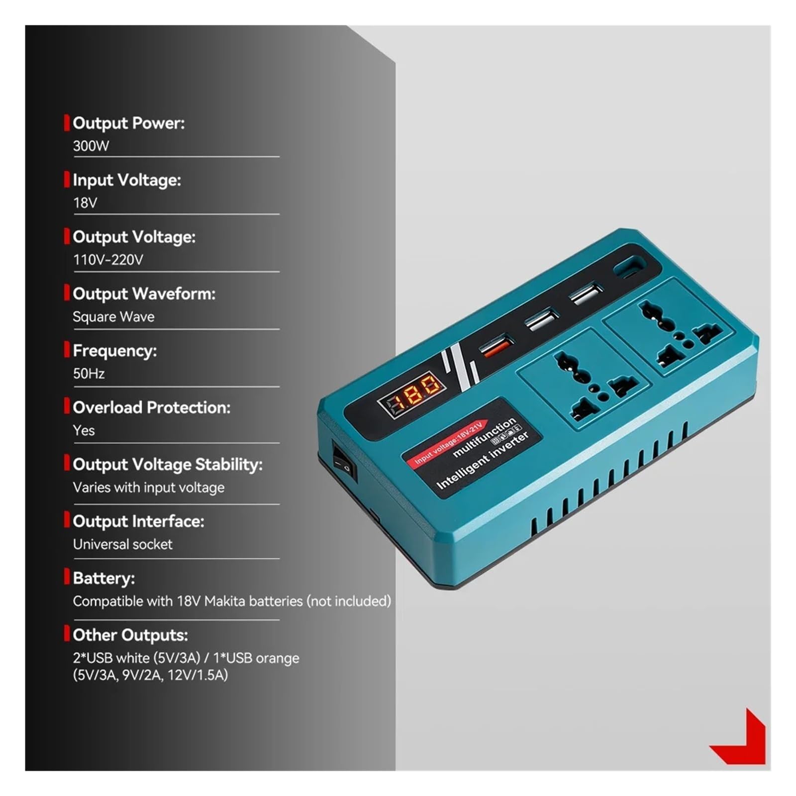 Convertidor Adaptador Inversor Corriente 300W DC 18V-21V A AC 220V Batería Litio Puerto Carga USB Dual para 18V Pin inversor