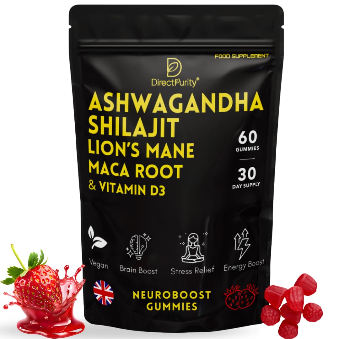 NeuroBoost 5-in-1 Wellness Gummies – Ashwagandha, Shilajit, Lion’s Mane, Maca Root & Vitamin D3 – 60 Vegan Gummies – Supports Relaxation, Cognitive Function & Immune System – High Strength Formula