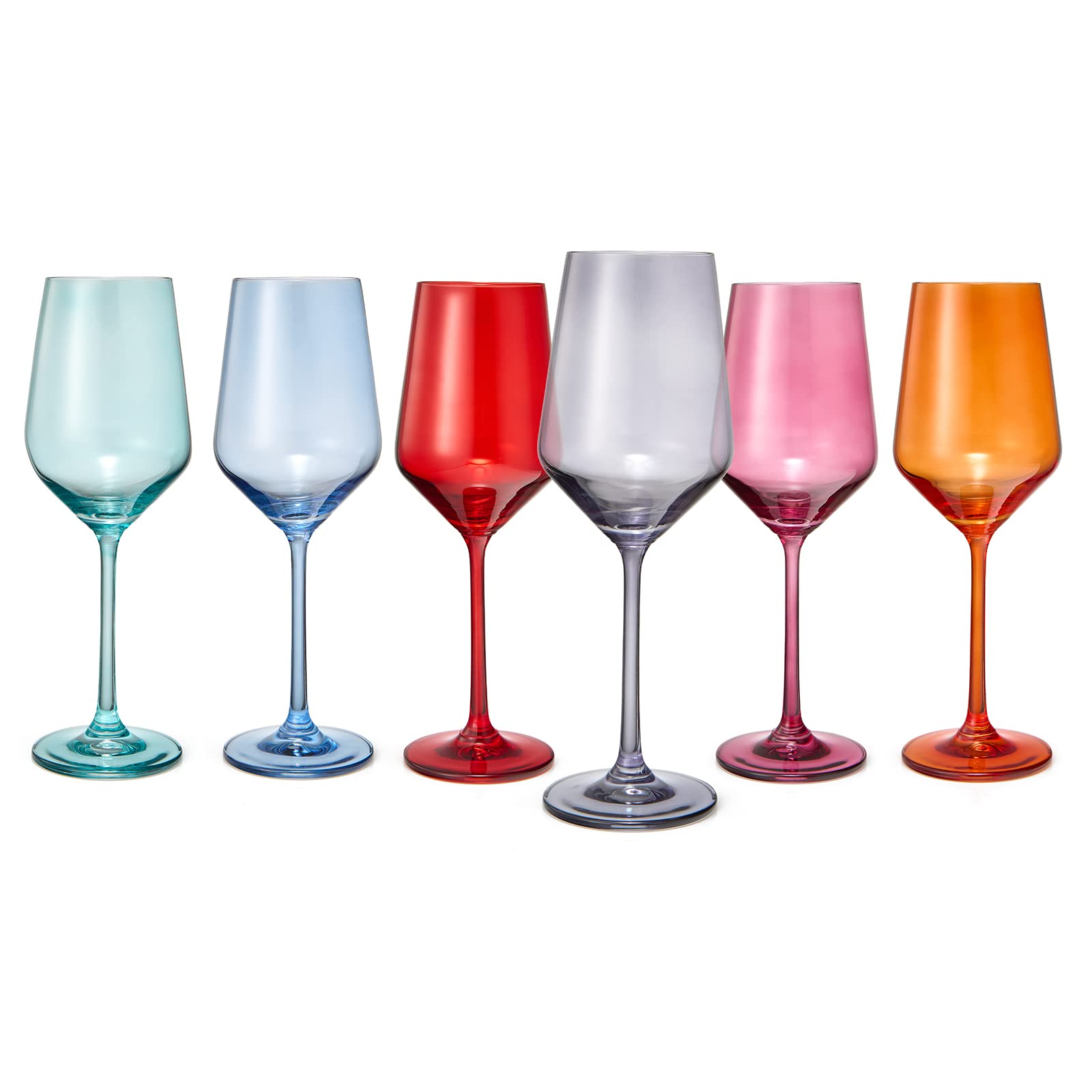 Colored Wine Glass Set, For Her, Wife, Mom, Friend, Gift Set of 6 Glasses, Unique Italian Style Tall Stemmed, Water, Margarita Glasses, Color Large 12 oz, Beautiful Dinner Glassware