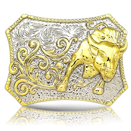RechicGu Western Belt Buckle 3D Engraved Long Horn Bull Cowboy Texas Rodeo Belt Bukles for Men Women Polish Gold